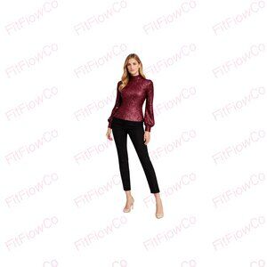 Cable & Gauge Burgundy Ombré Sequin Mock Neck Puff Sleeve Blouse Top Size M NWT